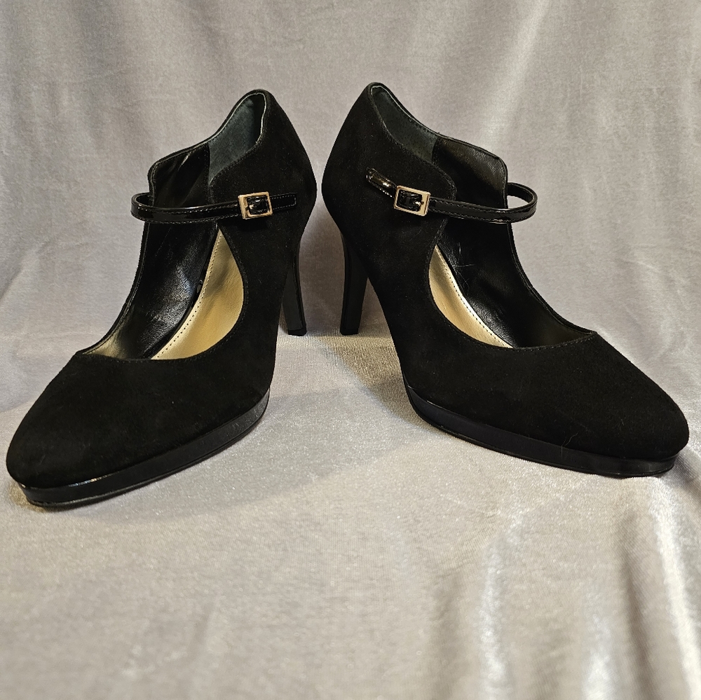 Alfani Vintage Suede Maryjane Platform Heels Shoes Pumps Patent Dress Sz 9M - Picture 4 of 10